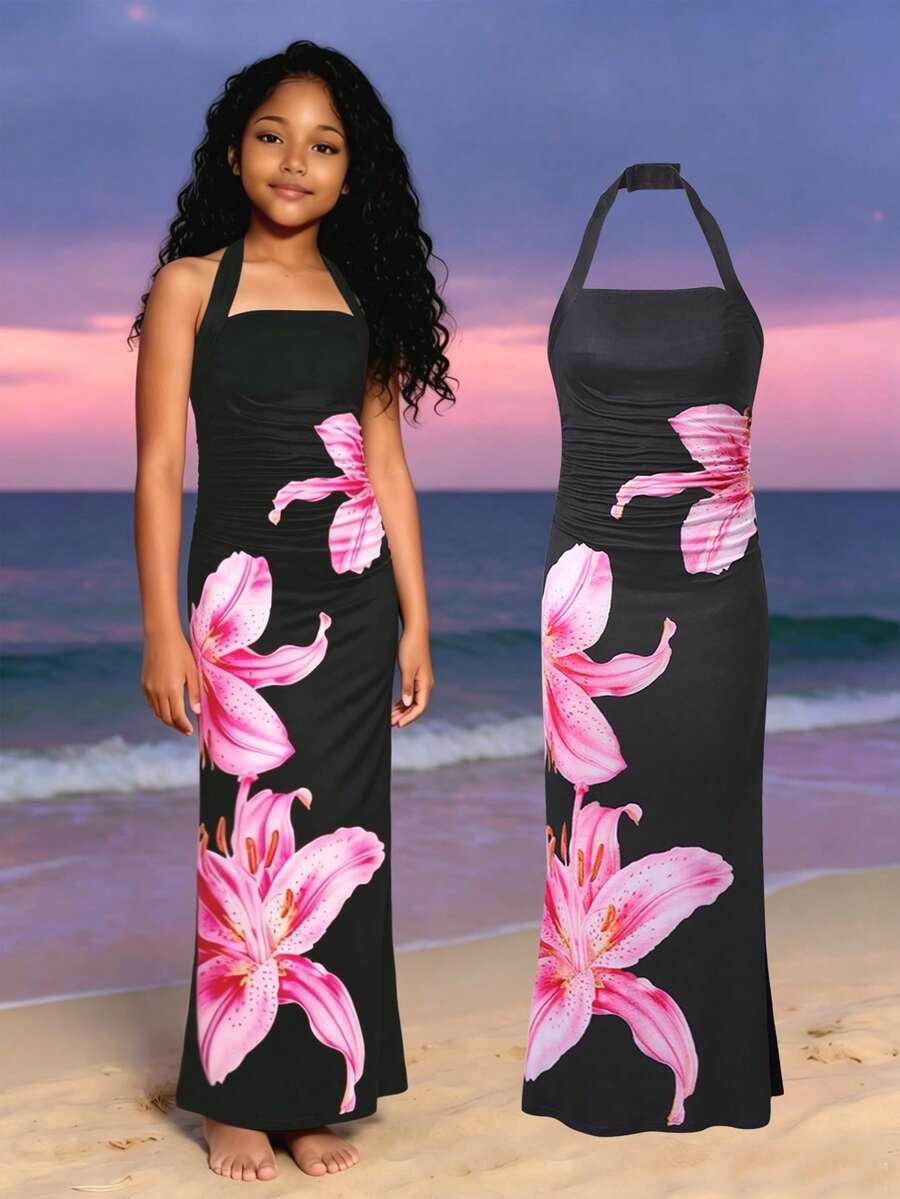 SHEIN 1pc Women's Teen Fresh Vacation Style Large Rose Print Fitted Spaghetti Strap Sleeveless Long Mermaid Dress Elegant Waist-Cinched Dress Beach Vacation Daily Street Wear Spring Summer Fall Clothes, Fall, Back To School, School, School Clothe - Black - View 1
