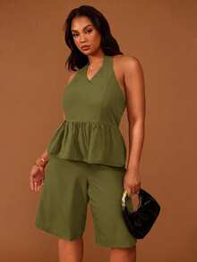 Veslaya Plus Size Solid Color Halter Neck Backless Top And Shorts Casual 2-Piece Set - Army Green - View 5