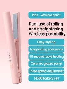 JMMO 1pc Rechargeable Straight Hair Curling Iron With Adjustable Temperature, Anti Scalding, Portable & Compact, For Daily Makeup, Travel, Indoor & Outdoor Use, All Seasons, Practical Hair Styling Tool, Built-In 800mAh Battery. - Pink - View 5