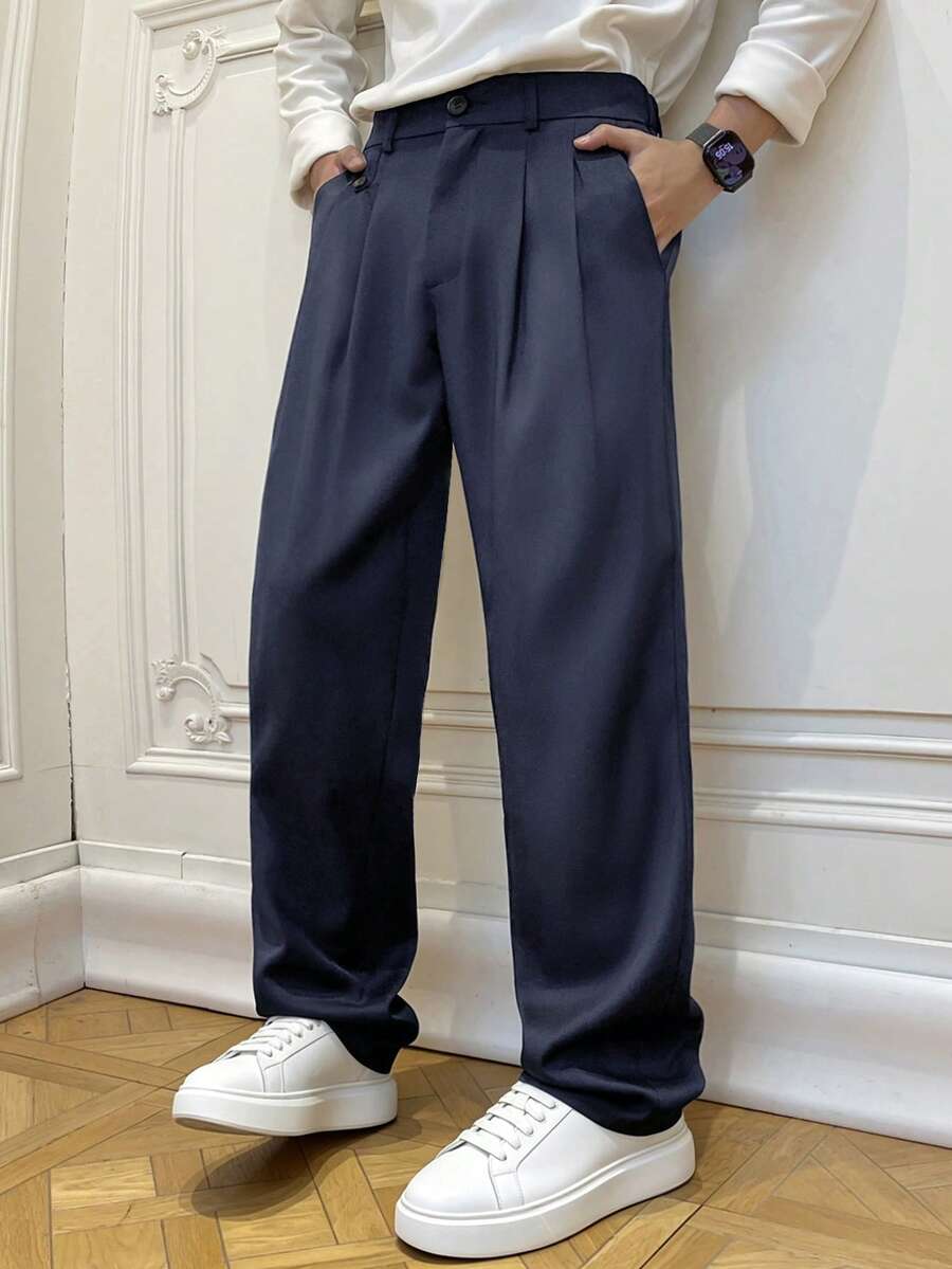 Manfinity Hypemode Men's Casual Office Wear Solid Color Suit Pants For Ceremony, Formal - Navy Blue - View 1