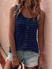 SHEIN Women's New Spring And Summer Style Fitted, Soft And Comfortable Striped Print Button-Up V-Neck Vest. - Multicolor - View 4