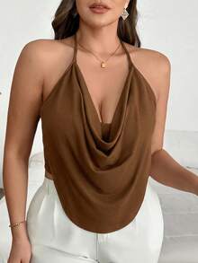 SHEIN PETITE CURVE Tank Top Halter Seksi Wanita Ukuran Plus Warna Polos dengan Kerah Model Cowl - Coklat - View 3