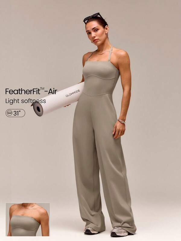 GLOWMODE 31" Quick-Dry Glow Motion Wide Leg Halter Anti-Slip Jumpsuit With Detachable Adjustable Shoulder Straps Removable Cups Low Impact Daily Casual Wear