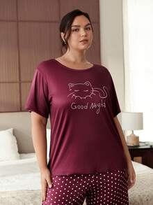 Slumbrini Pijama de mujer talla grande con estampado de gato, compuesto por camiseta de manga corta y pantalón de siete cuartos, color rojo, nuevo estilo de primavera/verano - Burdeos - Ver 4
