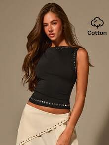 Athîral Top chaleco casual sin mangas para mujer con decoración de remaches y patchwork, top de tirantes de unicolor, uso casual diario, estilo callejero - Negro - Ver 2