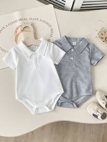 Playful Pals Baby Boy Summer Knit Romper Set, Solid Color Short Sleeve Half-Button Front Romper 2pcs, Suitable For Casual Outings - Grey - View 3