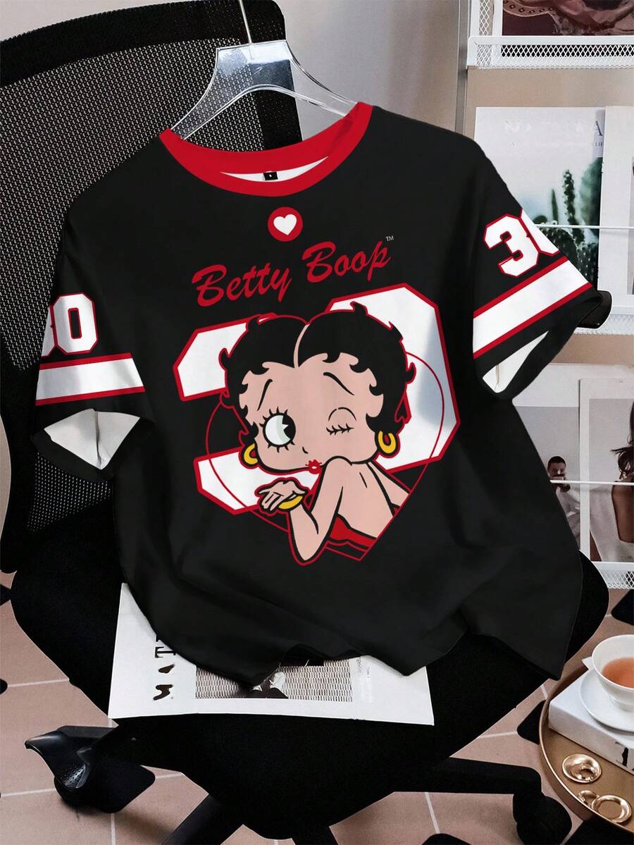 Betty Boop x SHEIN 女士休闲撞色卡通图案圆领短袖T恤,夏季 - 白色 - 查看 1