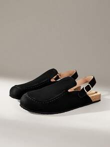Solecia Sepatu slip-on datar wanita terbaru, sandal setengah belakang terbuat dari bahan suede imitasi, dengan desain tali belakang. Sederhana, nyaman, dan serbaguna, cocok untuk bepergian, berbelanja, berjalan-jalan, dan berlibur. - Hitam - View 2