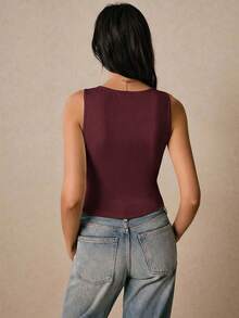 Poéselle 女款夏季休閒純色不對稱下擺側邊鈕扣背心上衣 - 酒紅色 - 查看 7