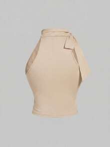 SHEIN MOD Top de talla grande con cuello alto, mariposa, cordones y fruncido en color albaricoque - Caqui - Ver 2
