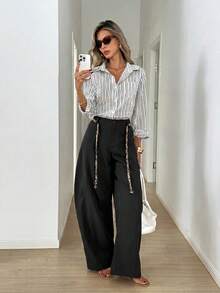 Easowa Women's Solid Color Pocket Button Loose Casual Elegant Business Long Pants, Versatile For Daily Wear Teachers' Day School Work Office Black Autumn - Black - View 4