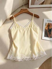 Franclia Plus Size Women's Elegant Yellow Summer Everyday Camisole Top,V-Neck Contrast Lace Trim Hem & Side Slit,Adjustable Strap Loose Crinkle Fabric Vintage - Pale Yellow - View 2