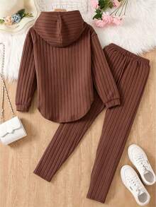 Tween Girls Knit Ribbed Hooded Asymmetrical Hem T-Shirt And Tight Leggings 2pcs Set - Brown - View 2