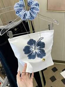 Franclia 夏日風情女款時尚百搭扶桑花印花抹胸上衣、扶桑花牛仔紋理印花抹胸上衣、牛仔效果抹胸上衣、適合日常穿著的抹胸上衣 - 藍色 - 查看 3
