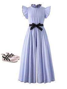 SHEIN Tween Girls Ruffle Collar Flutter Sleeve Detachable Belt Blue And White Striped Craft Jumpsuit Pleated Design Suitable For Daily Elegant Cute Casual - Blue - View 8