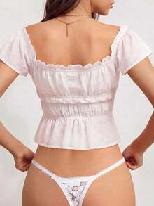 Elorette Lencería sexy tanga de G con encaje floral, strass y lazo delantero - Blanco - Ver 4