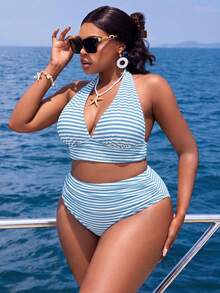 Slaydiva Plus Size 2-Piece Minimalist Casual Summer Women's Halter Neck Separated Fashion Vacation Beach Swimsuit Set - Multicolor - View 4