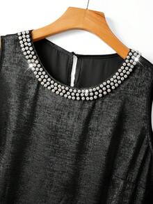 GlowEve CURVE Plus Size Round Neck Pearl Embellished Elegant Sleeveless Dress - Black - View 4