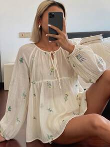 DAZY 女款圓領蝴蝶結寬鬆休閒度假襯衫 - 米色 - 查看 4