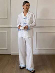 DAZY Cute Colorblock Lace-Up Bow Ruffle Trim Cardigan Long Sleeve & Long Pants 2pcs Set Spring Women's Pajama Set Fall - White - View 4