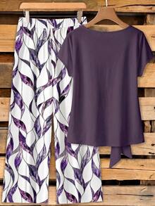 EMERY ROSE Ensemble décontracté 2 pièces pour femmes grandes tailles avec top à col rond, manches courtes, nœud à la taille, unicolore et pantalon imprimé intégral - Multicolore - Voir 2