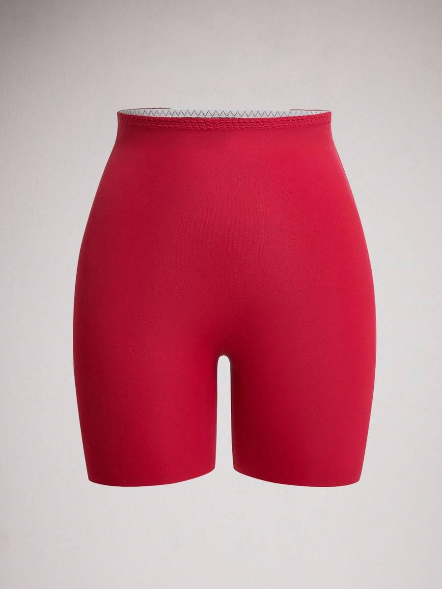 SHEIN 女款素色彈性腰圍休閒塑形短褲 - 酒紅色 - 查看 1