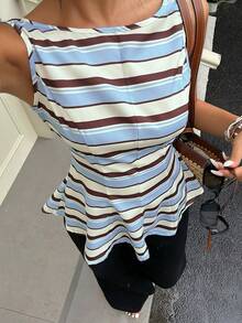 Serisse Blusa de moda versátil con rayas y volantes en el bajo para mujer, para salidas diarias - Multicolor - Ver 9