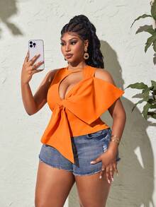 Maweii Sexy Vintage Large Bow Sleeveless Slim Fit Plus Size Women's Blouse - Orange - View 5