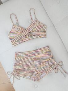 Swim Vcay 女款新款針織面料露背綁帶長褲側抽繩休閒泳裝兩件組，春/夏 - 彩色 - 查看 5
