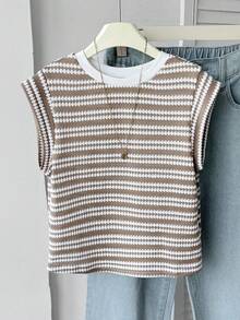 SHEIN Tween Girls Tween Girl Casual Vacation Textured Striped Crew Neck Short Sleeve T-Shirt - Apricot - View 7