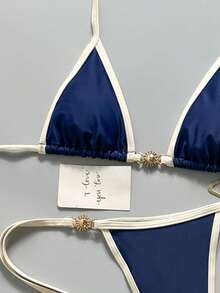 Bonvoyette Conjunto de bikini de triángulo con cuello halter sexy para mujer con accesorios de sol para vacaciones en la playa - Azul Marino - Ver 6