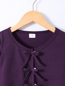 SHEIN 2件/組 女童春/秋休閒針織羅紋蝴蝶結裝飾開襟上衣與印花吊帶洋裝，簡約度假風 - 紫色 - 查看 3