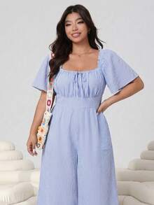 SHEIN EZwear 藍色休閒女款大尺碼條紋前綁帶短袖連身褲 - 彩色 - 查看 5