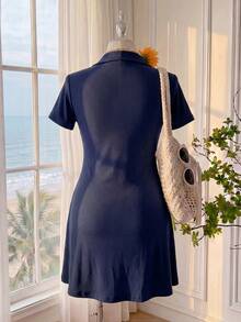 Comfortcana Plus Size Summer Casual Embroidered Detail Dress - Navy Blue - View 2