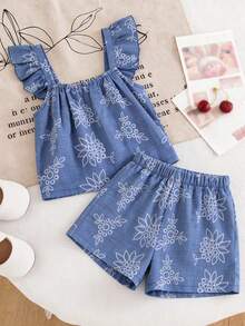 SHEIN Tween Girl Vacation Botanical Print Flutter Sleeve Top And Shorts Set - Blue - View 4