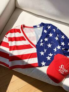 Comfortcana Red White And Blue Stripe Drop Shoulder V-Neck T-Shirt Independence Day Music Summer Casual Streetwear Vacation Rave - Multicolor - View 3