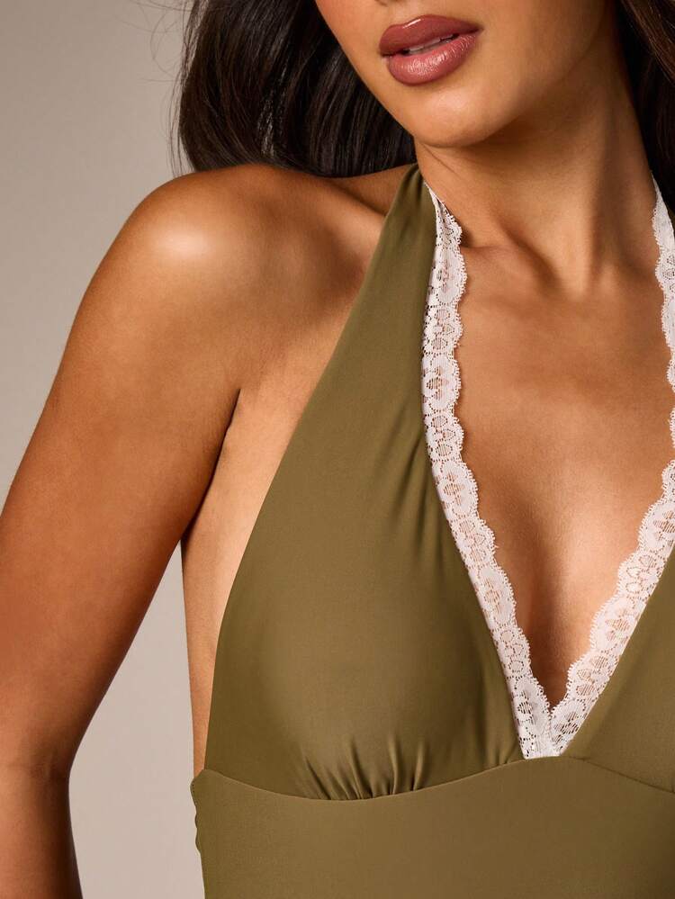 Plunge Halter Neck Swimsuit With Lace Trim
