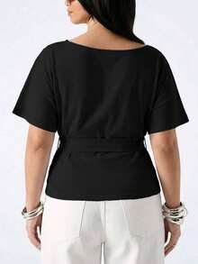 SHEIN EZwear Plus Size Summer Casual Black Tie Waist T-Shirt - Black - View 2