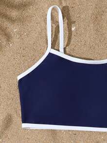 SHEIN Tween Girl Colorblock Casual Vacation Beach Swimsuit Set - Navy Blue - View 4