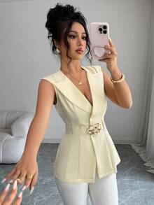 Elenzga 女款春夏法式浪漫西西里優雅休閒通勤度假下午茶派對純色西裝領大翻領V領金屬鈕扣彈性腰收腰A字無袖西裝外套 - 淡黃色 - 查看 6