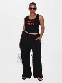 MUSERA Pantalon fluide grande taille à taille élastiquée avec cordon de serrage, coupe ample, jambes larges, style cool girl, mignon, pour l'été, le printemps, les vacances et le quotidien, Bad Timing - Noir - Voir 2