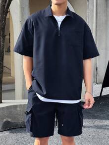 Manfinity Homme 男士纯色简约日常短袖T恤短裤套装，男士夏季两件套，男士休闲两件套，舒适装 - 藏蓝色 - 查看 3