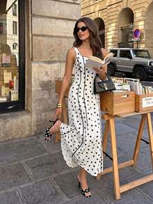 Siren Gaze Summer New Polka Dot Square Neck Color Block Waist-Cinched Long Dress For Women - Apricot - View 7