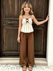 2pcs/Set Tween Girls' Casual Sweet Textured Bubble Camisole Top&Loose Wide Leg Pants Set,Brown And White,Summer,Country,Concert,Spring/Summer Outfit - Brown - View 1