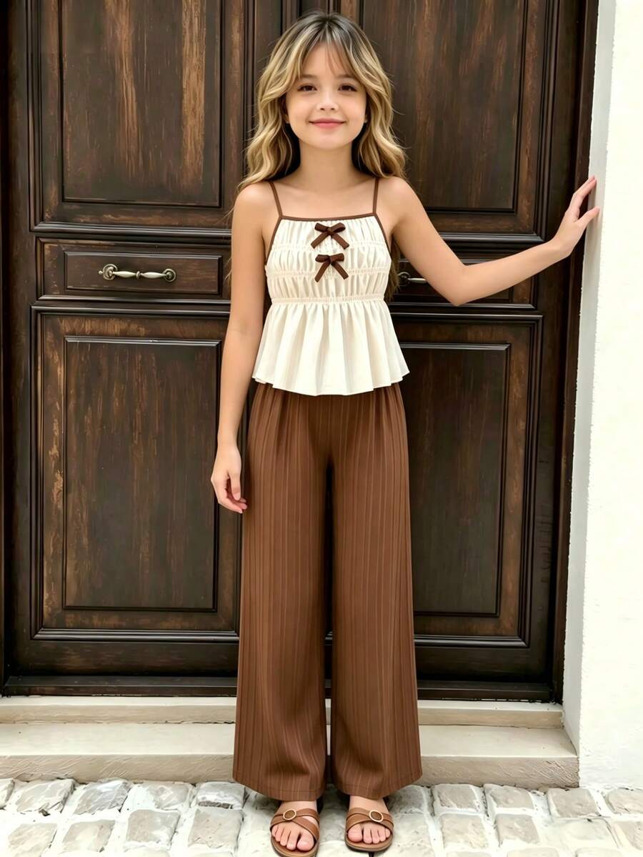 2pcs/Set Tween Girls' Casual Sweet Textured Bubble Camisole Top&Loose Wide Leg Pants Set,Brown And White,Summer,Country,Concert,Spring/Summer Outfit - Brown - View 1