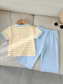 SHEIN 2pcs Infant Girl Summer Fashionable Simple Street Style Yellow & White Short Sleeve T-Shirt With Chest Embroidery & Blue Long Pants Set, Suitable For Daily School Wear - Yellow - View 2