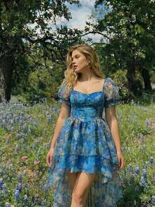 SHEIN MOD Plus Size Summer Casual Floral All-Over Print High-Low Hem Dress - Blue - View 5