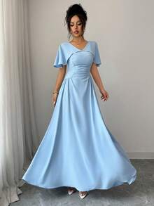 Elenzga Women's Spring/Summer Baby Blue Distressed Pleated French Style Elegant Sophisticated Work Commute Casual Vacation Romantic Beach Party Ruffle Dress - Baby Blue - View 6
