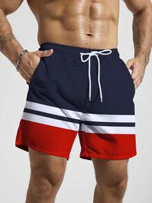 Surfspeed Men's Drawstring Waist Patchwork Color Casual Beach Shorts - Navy Blue - View 6