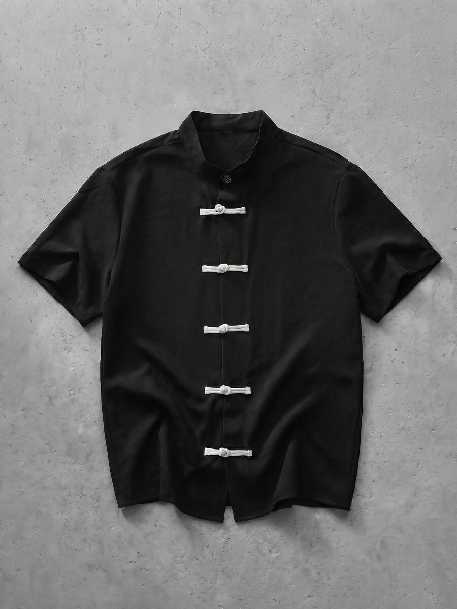 Athstrex Men's Plus Size Short Sleeve Casual Shirt With Frog Button Design - Black - View 1
